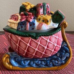 Holiday Ceramic Sleigh Trinket Box or Candy Box